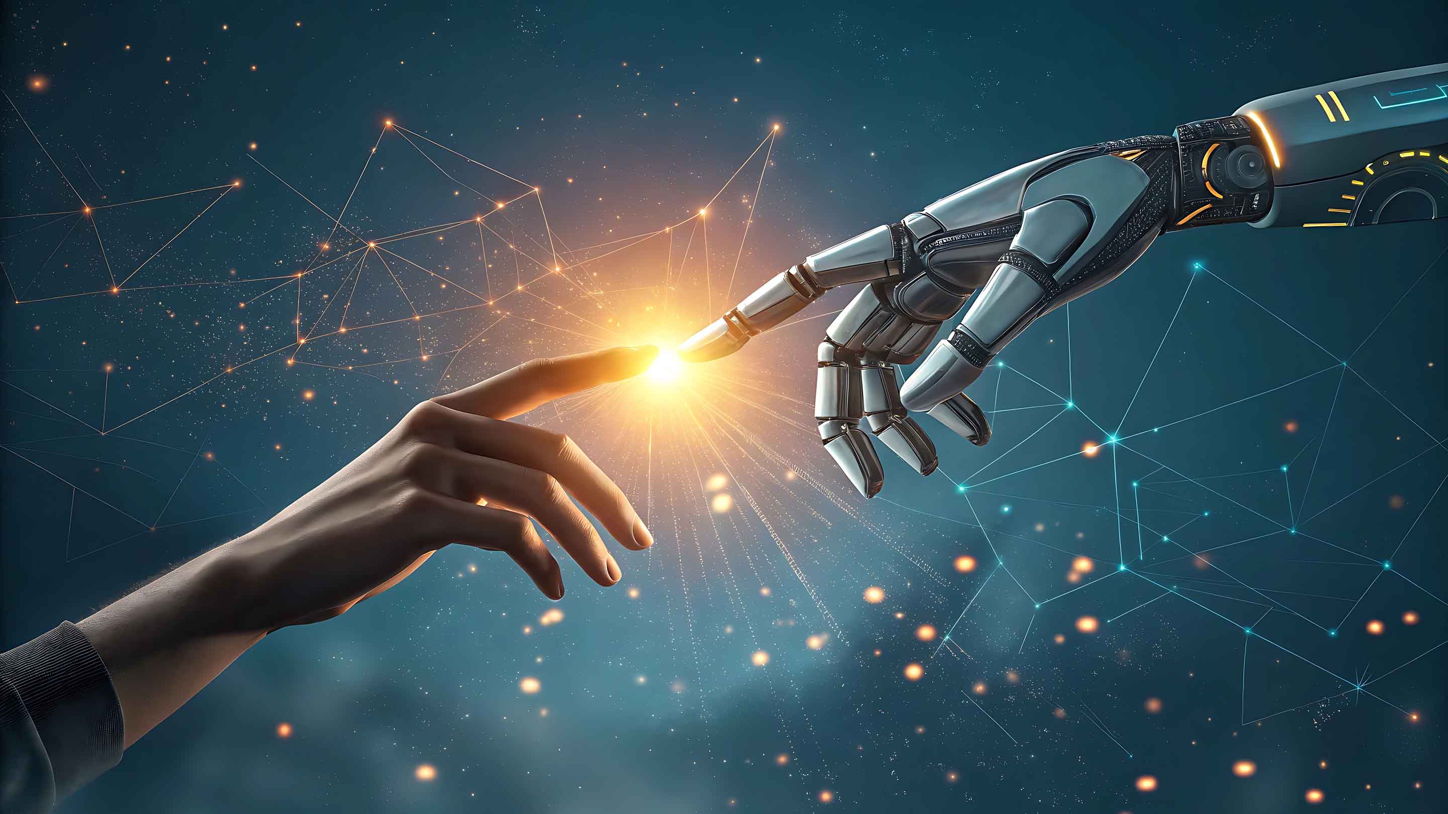 AI hand die menselijke hand aanraakt