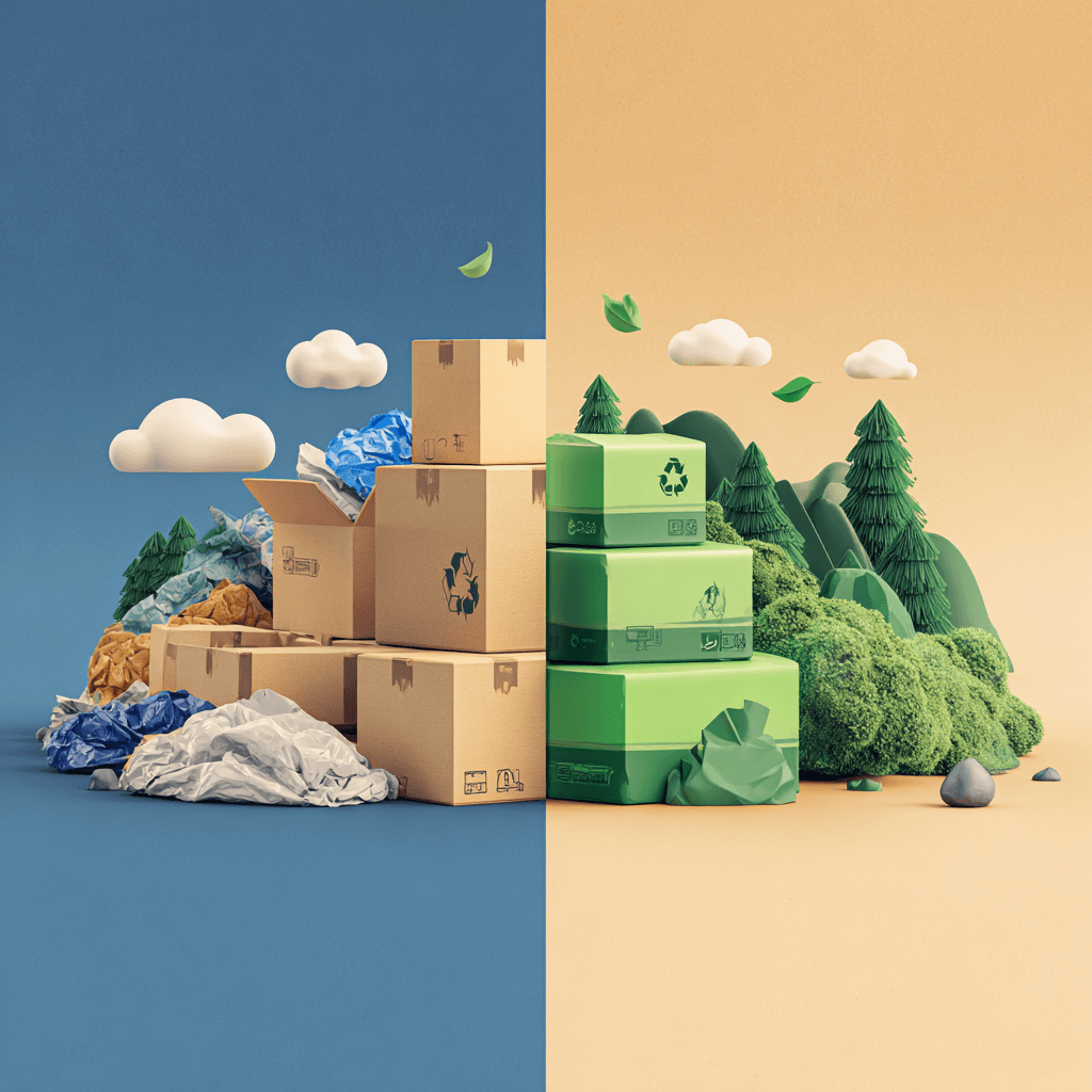 Illustratie die afval door oververpakking vergelijkt met duurzame, milieuvriendelijke verpakking, met links stapels overtollig karton en plastic en rechts nette recyclebare groene dozen en bomen.