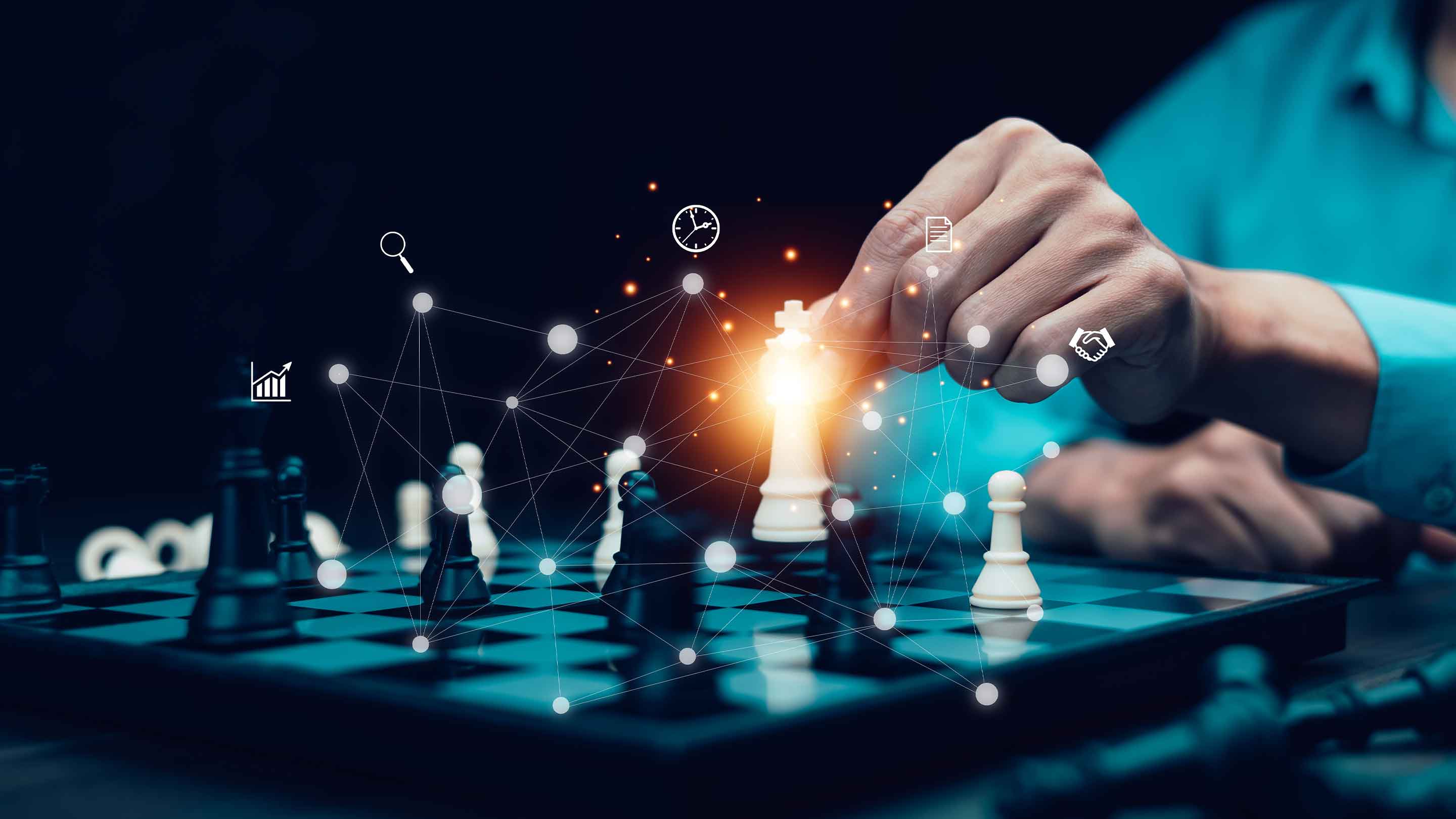 Afbeelding die een marketingstrategie weergeeft aan de hand van een joueur d'échecs