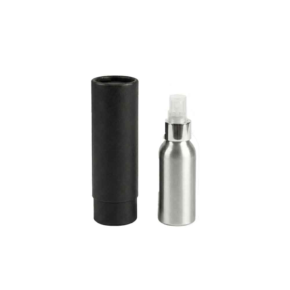 Zilver of zwart aluminium fles met schroefdeksel en optionele pomp- of spuitdop