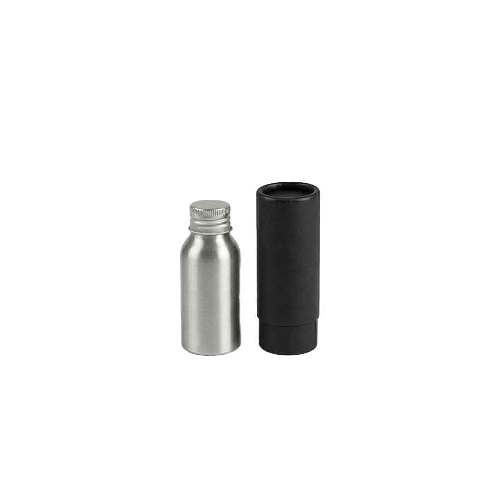 Zilver of zwart aluminium fles met schroefdeksel en optionele pomp- of spuitdop