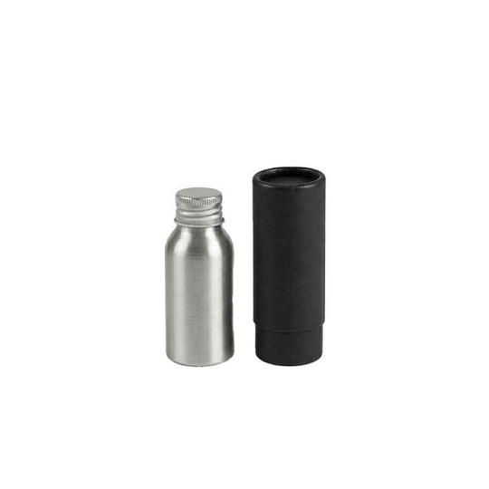 Zilver of zwart aluminium fles met schroefdeksel en optionele pomp- of spuitdop