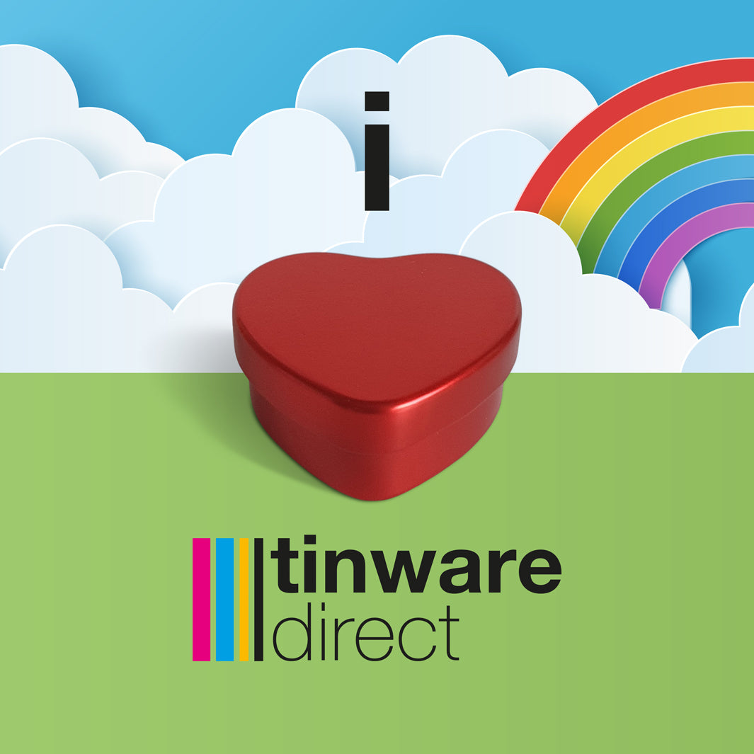 Een afbeeling die Ik hou van Tinware Direct toont via een rood blik die een verliefd hart vormt