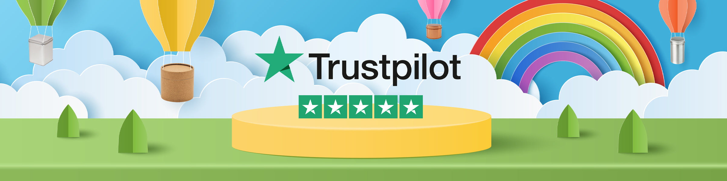 Trustpilot vijf sterren rating omringd door blikjes en kartonnen kokers geleverd via luchtballon.