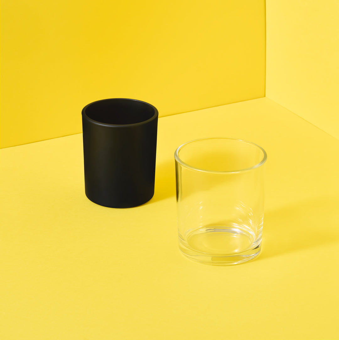 Collectie glazen kaarsenpotten – zwart en transparant
